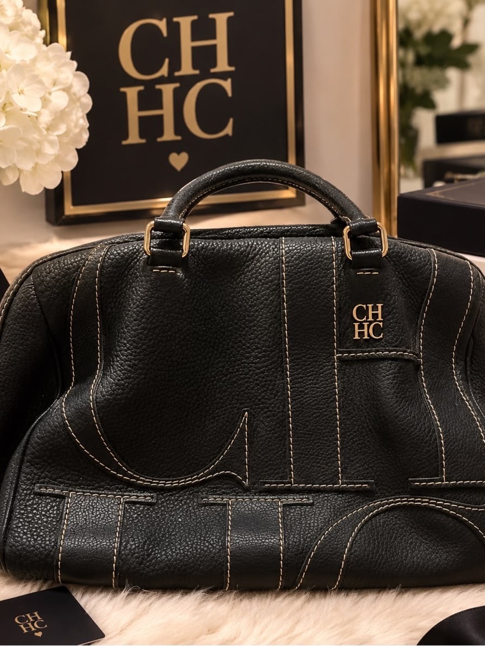 Carolina Herrera Black Leather Top-Handle Briefcase with Contrast Stitching